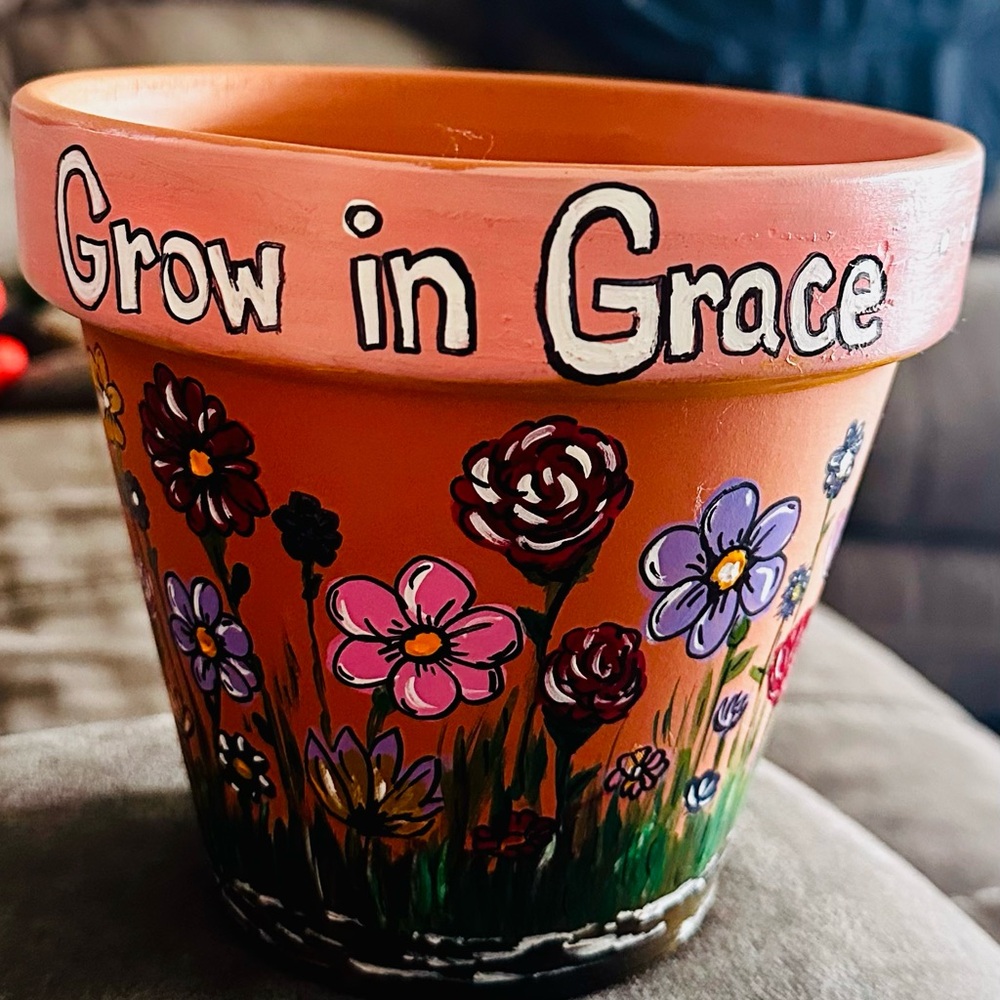 Hand-Painted Terracotta Planter - "Grow in Grace" Pink & Orange Floral